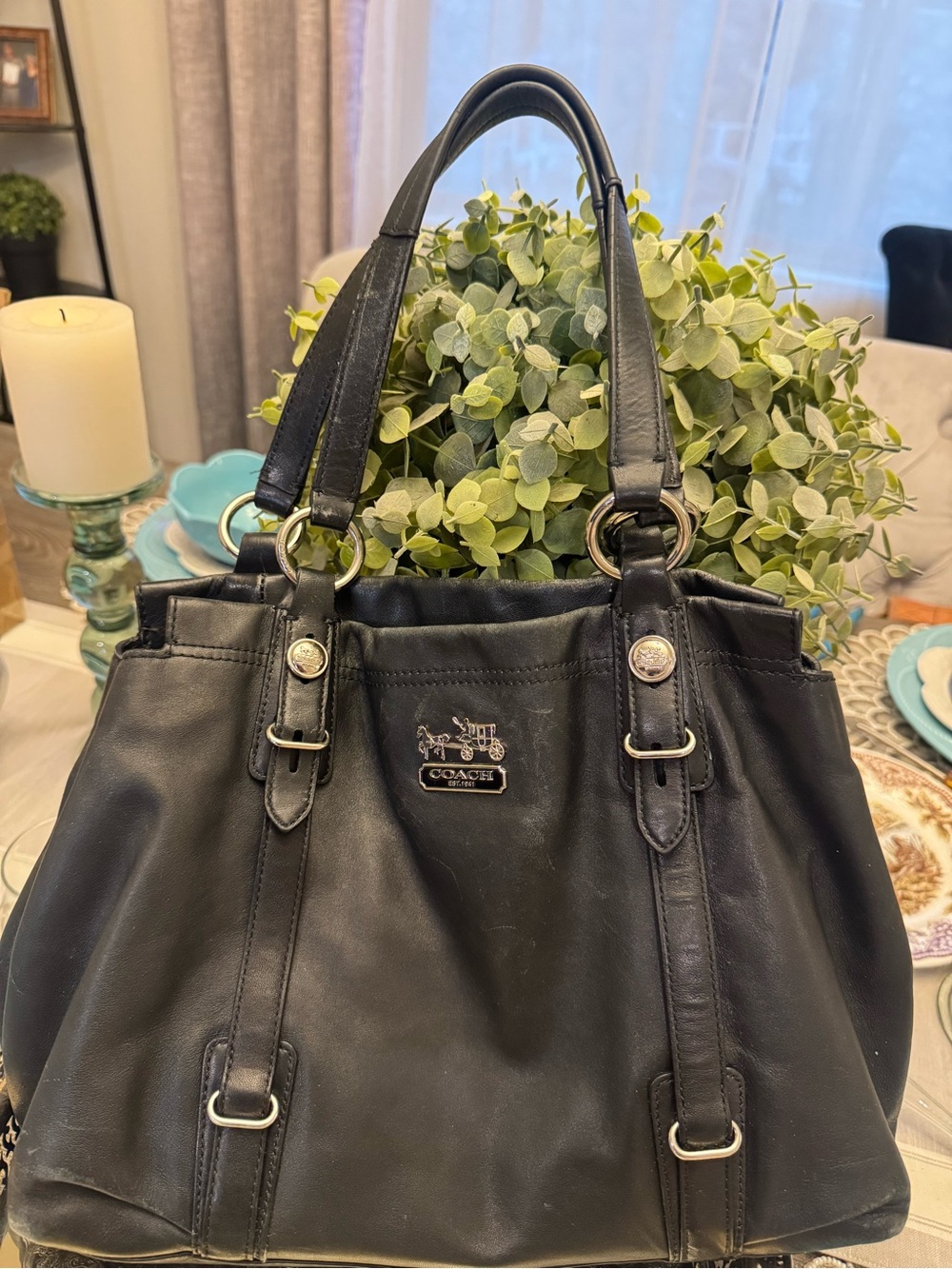 Coach Black Leather Shoulder Tote with Silver Hardware